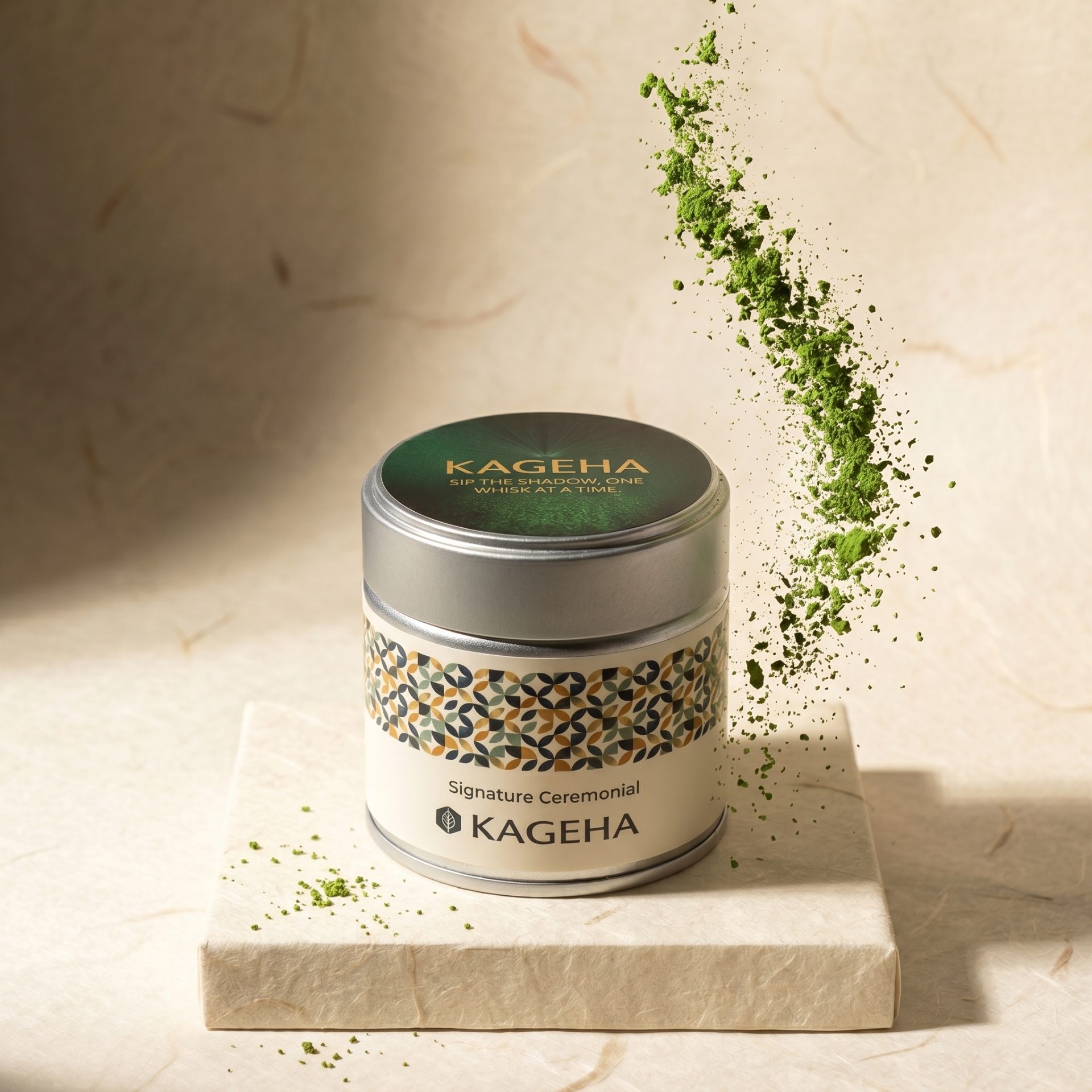 Kageha Signature Ceremonial matcha tin beside a whisked bowl